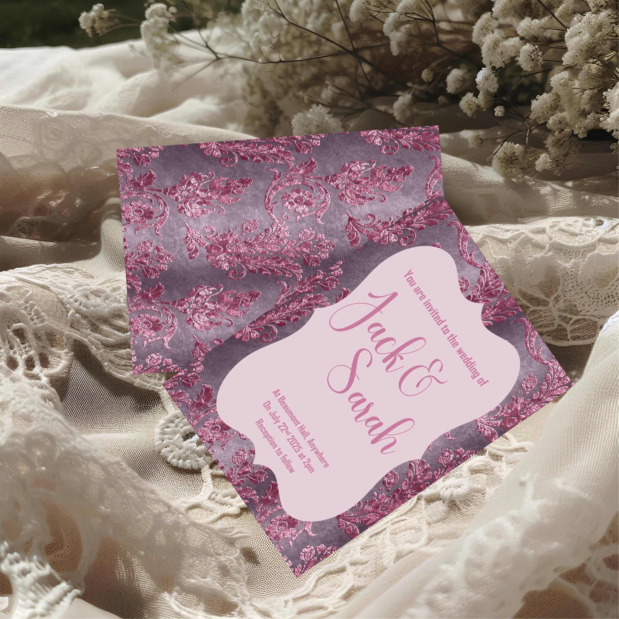 Damask Wedding Party Invitations & Envelopes | Pack of 10 | Purple & Pink