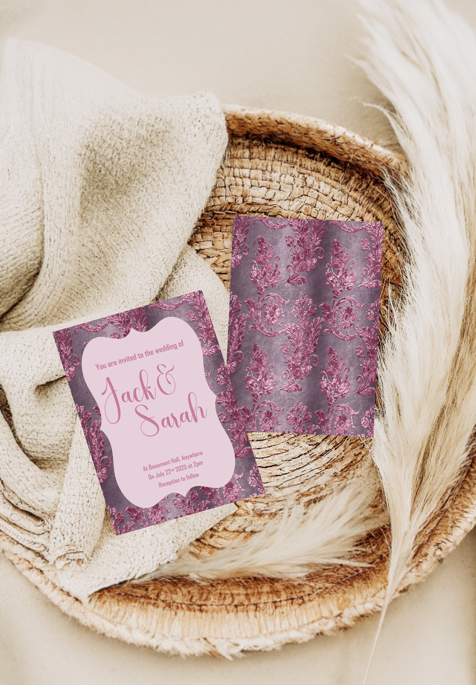 Damask Wedding Party Invitations & Envelopes | Pack of 10 | Purple & Pink