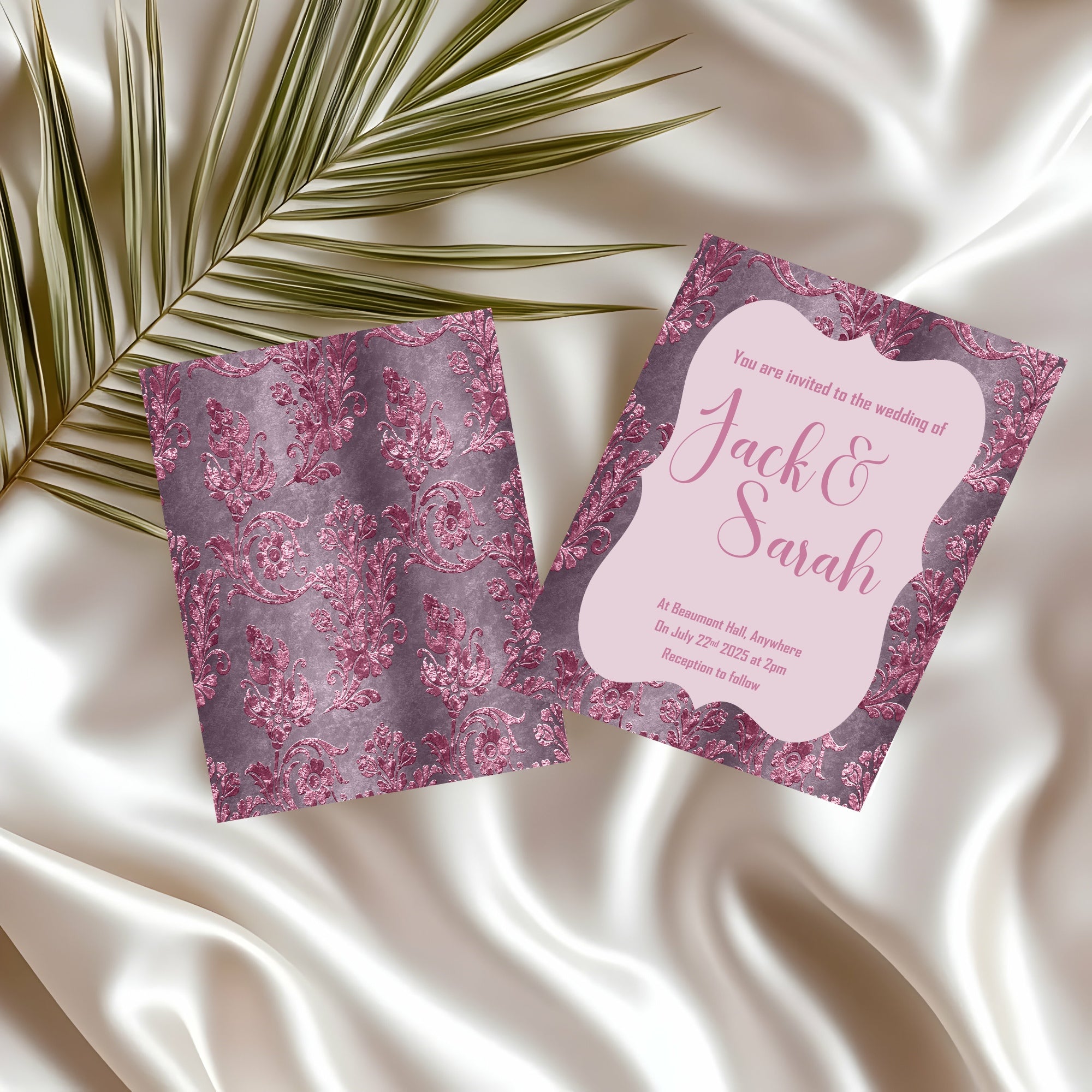 Damask Wedding Party Invitations & Envelopes | Pack of 10 | Purple & Pink