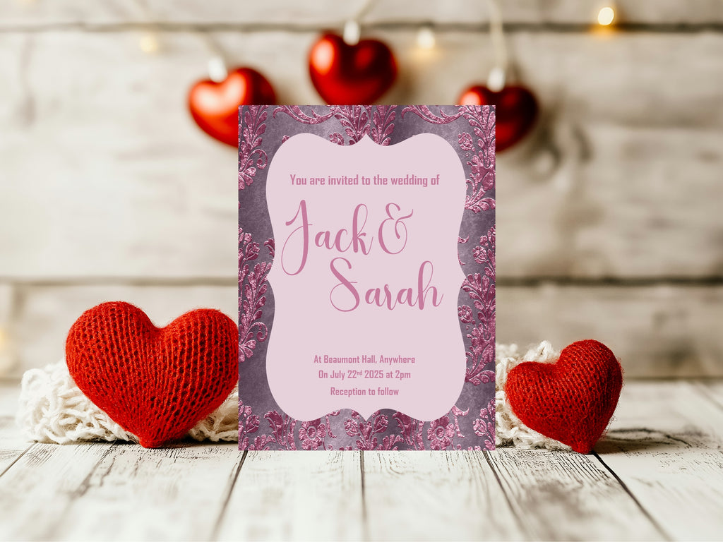 Damask Wedding Party Invitations & Envelopes | Pack of 10 | Purple & Pink