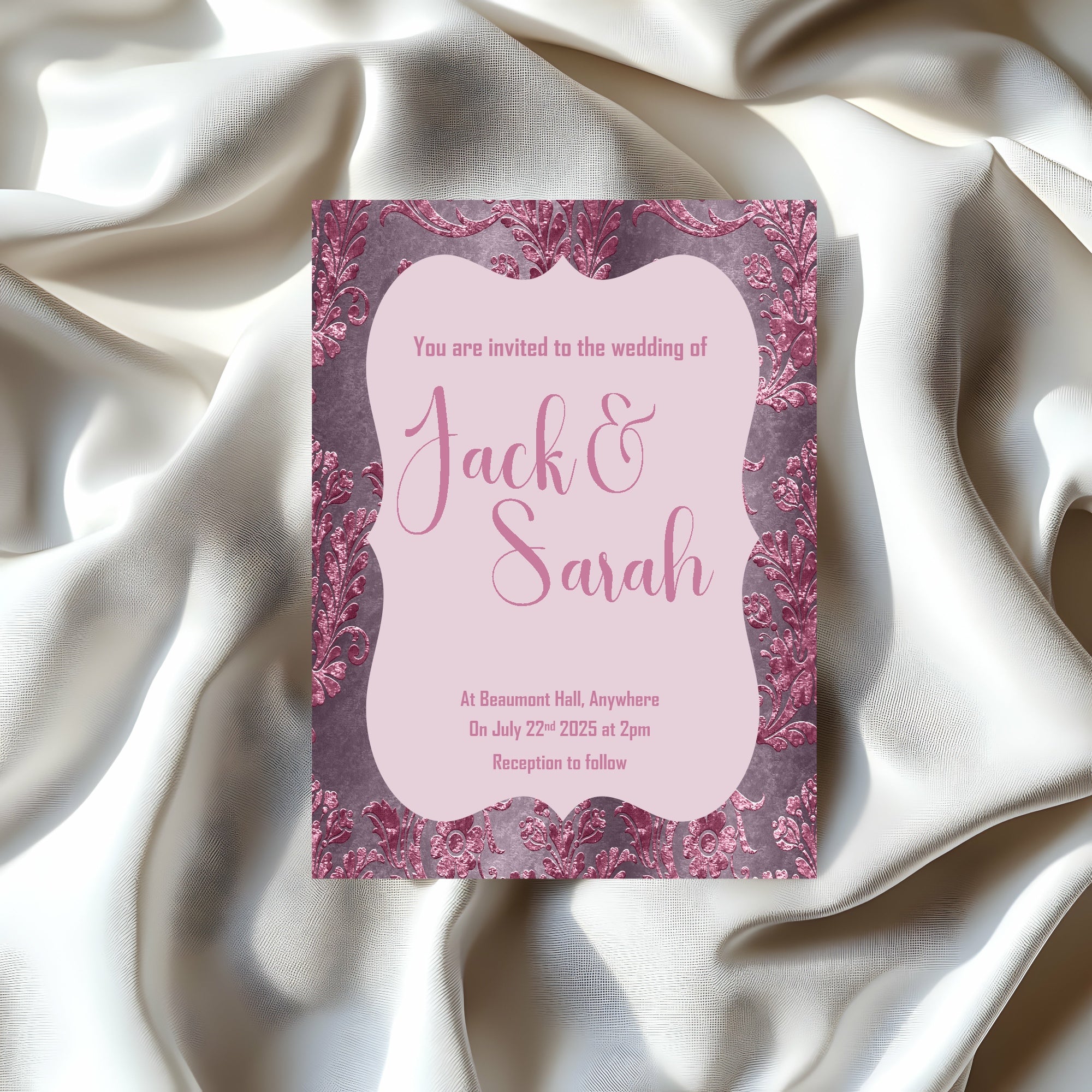 Damask Wedding Party Invitations & Envelopes | Pack of 10 | Purple & Pink