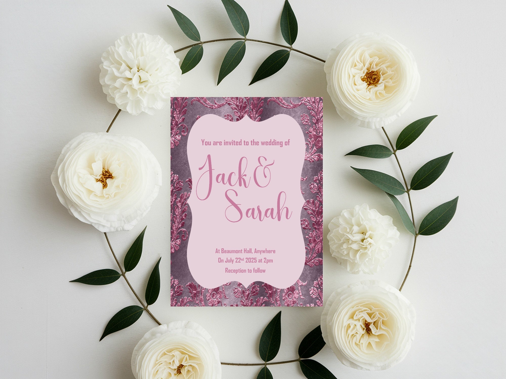 Damask Wedding Party Invitations & Envelopes | Pack of 10 | Purple & Pink