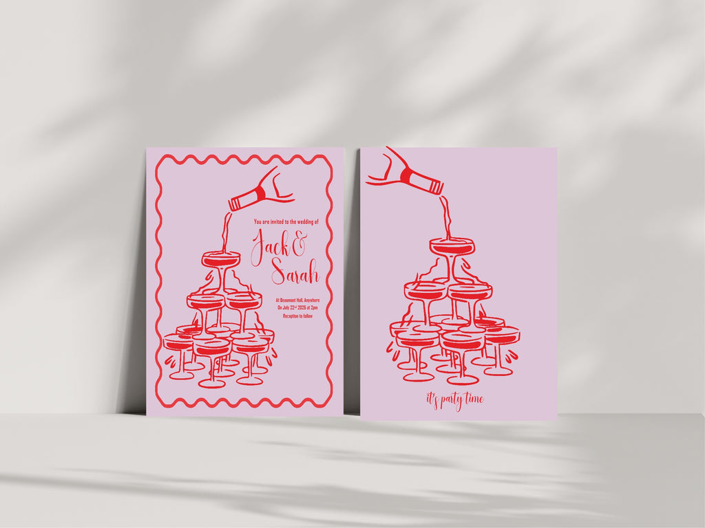 Red & Pink Champagne Wedding Party Invitations & Envelopes | Pack of 10