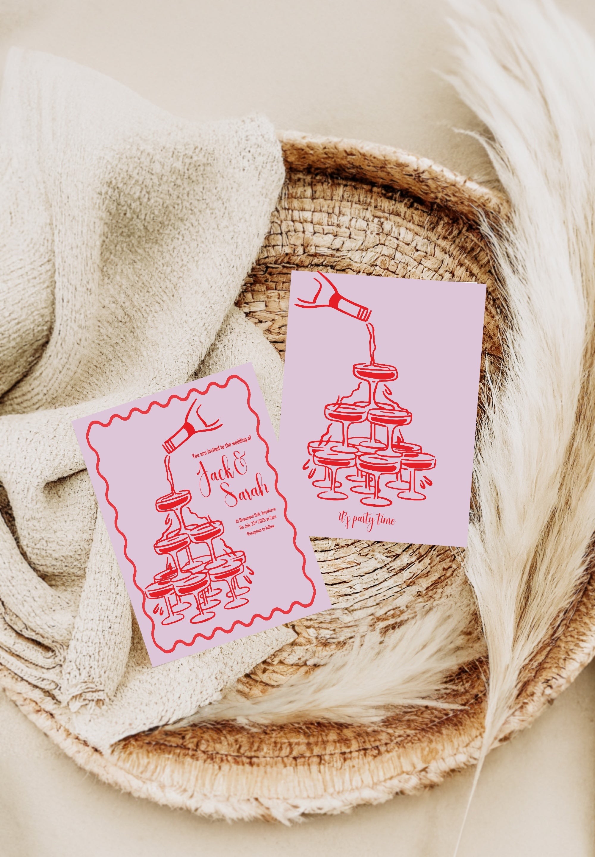 Red & Pink Champagne Wedding Party Invitations & Envelopes | Pack of 10