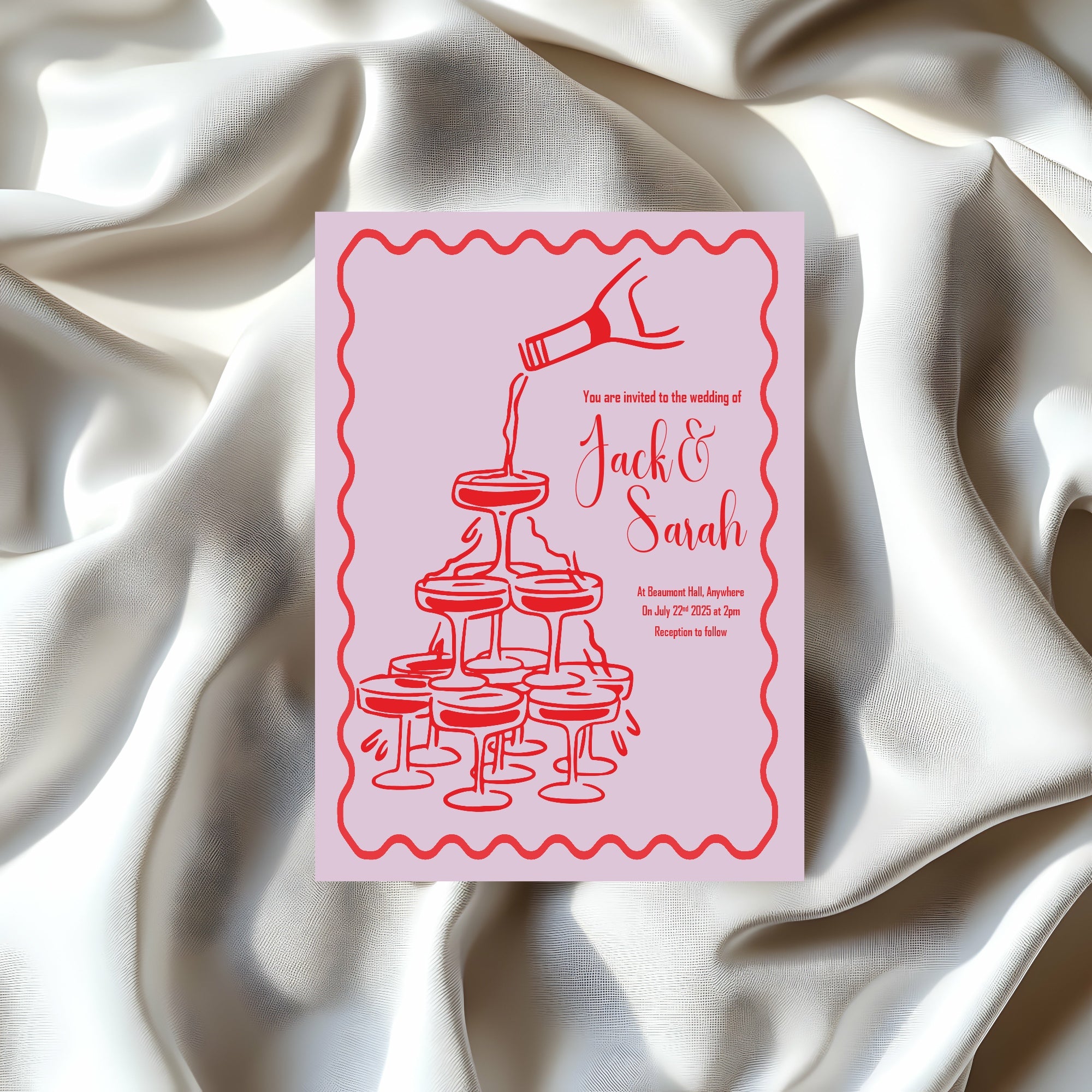 Red & Pink Champagne Wedding Party Invitations & Envelopes | Pack of 10