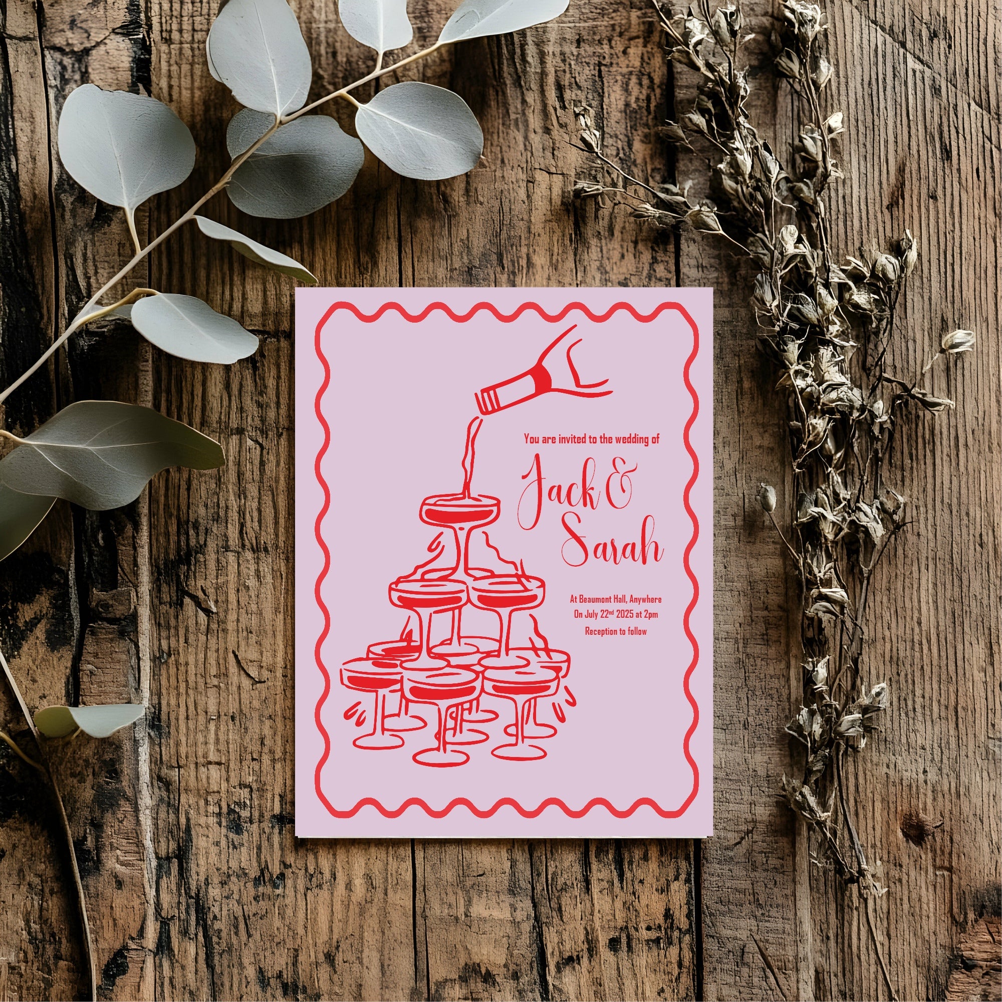 Red & Pink Champagne Wedding Party Invitations & Envelopes | Pack of 10