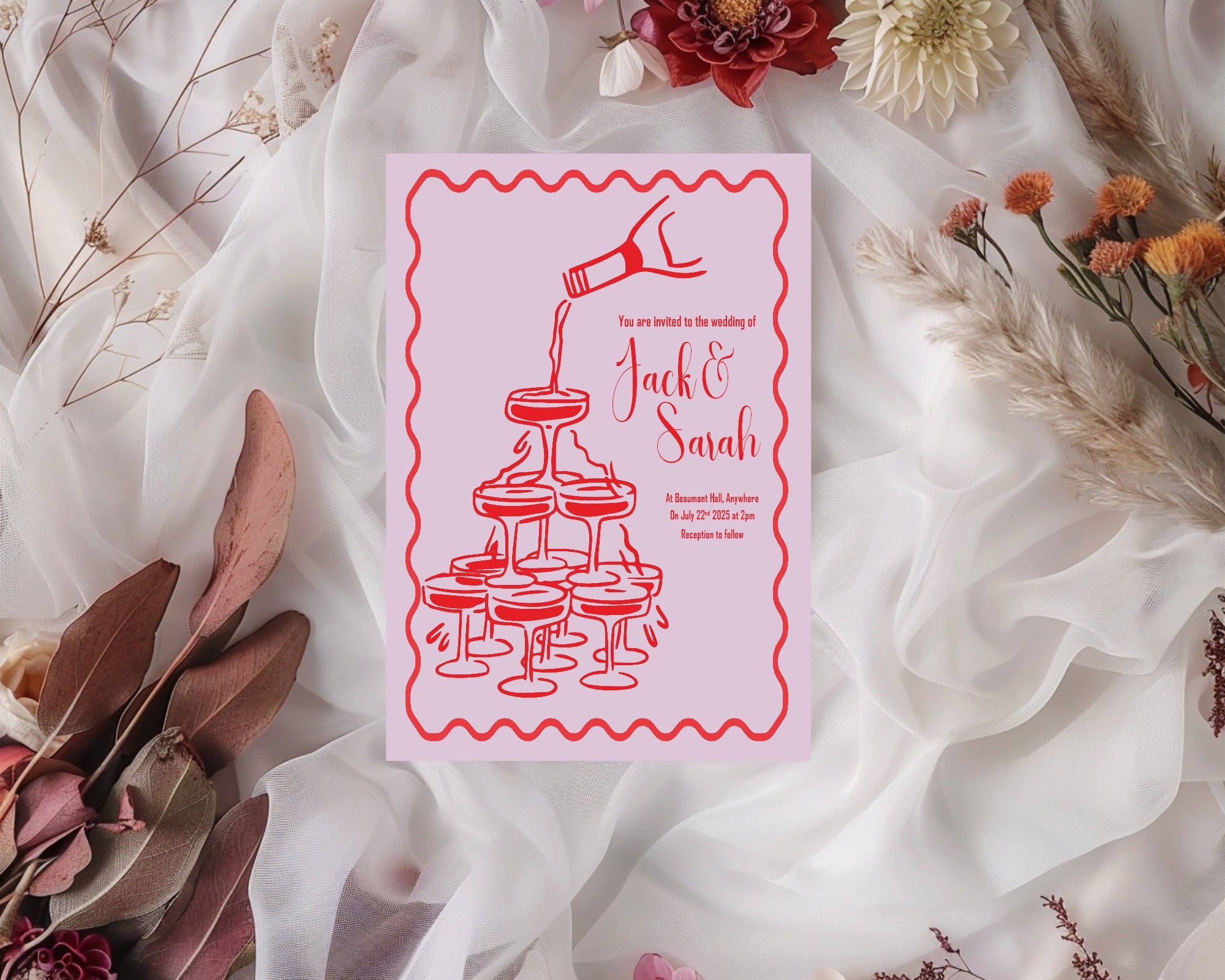 Red & Pink Champagne Wedding Party Invitations & Envelopes | Pack of 10