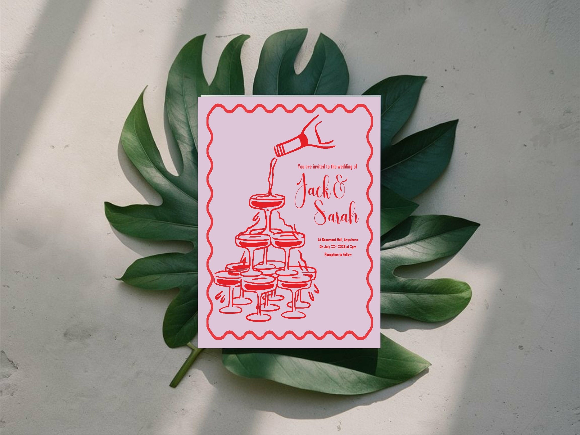 Red & Pink Champagne Wedding Party Invitations & Envelopes | Pack of 10