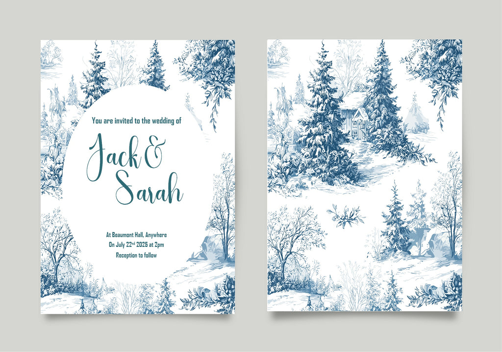 Blue Toile Winter Wedding Party Invitations & Envelopes | Pack of 10