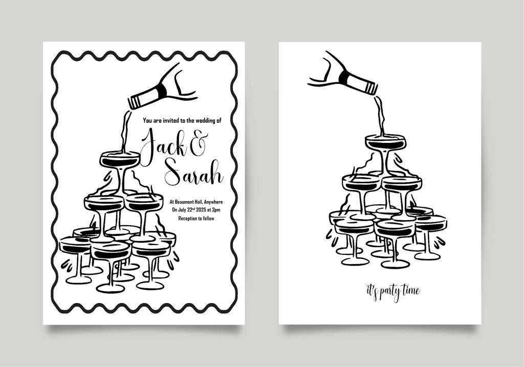 Monochrome Champagne Wedding Party Invitations & Envelopes | Pack of 10