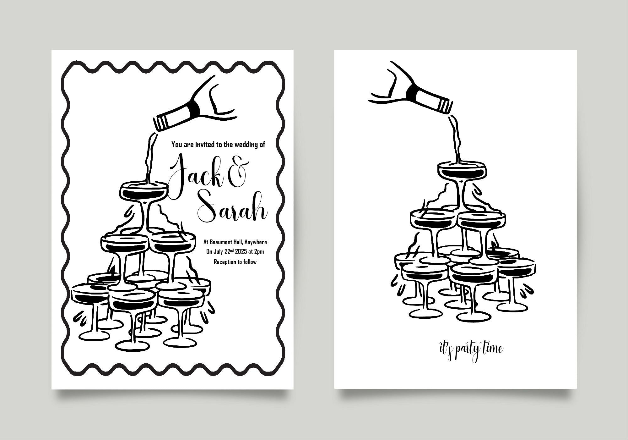 Monochrome Champagne Wedding Party Invitations & Envelopes | Pack of 10