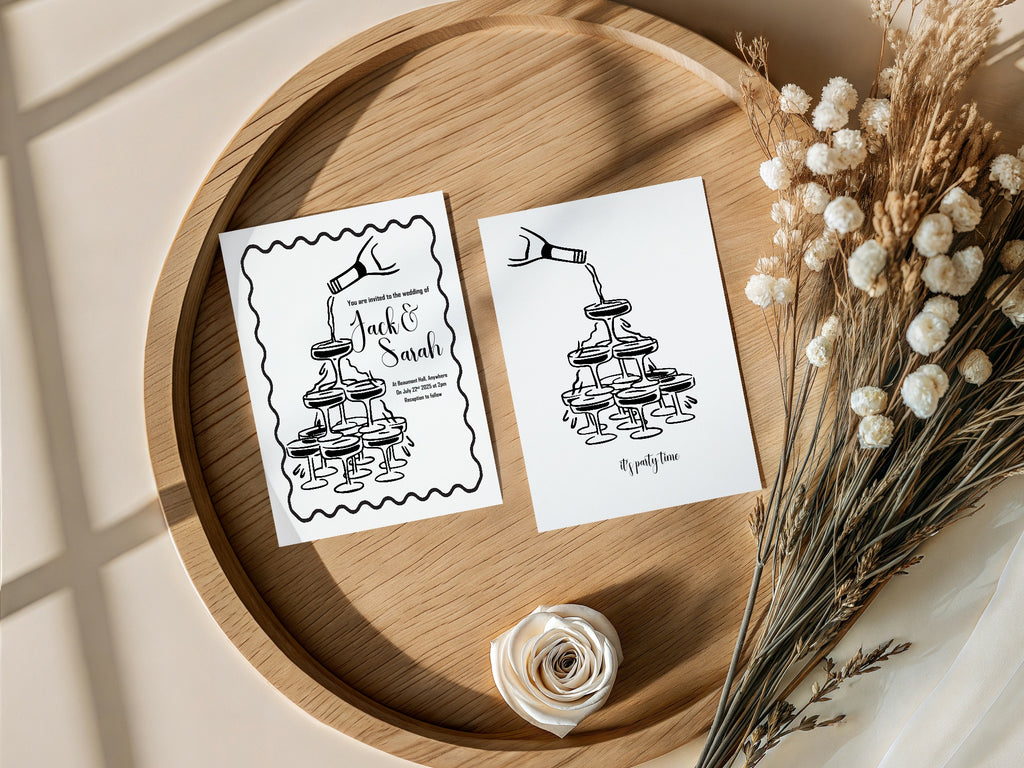 Monochrome Champagne Wedding Party Invitations & Envelopes | Pack of 10