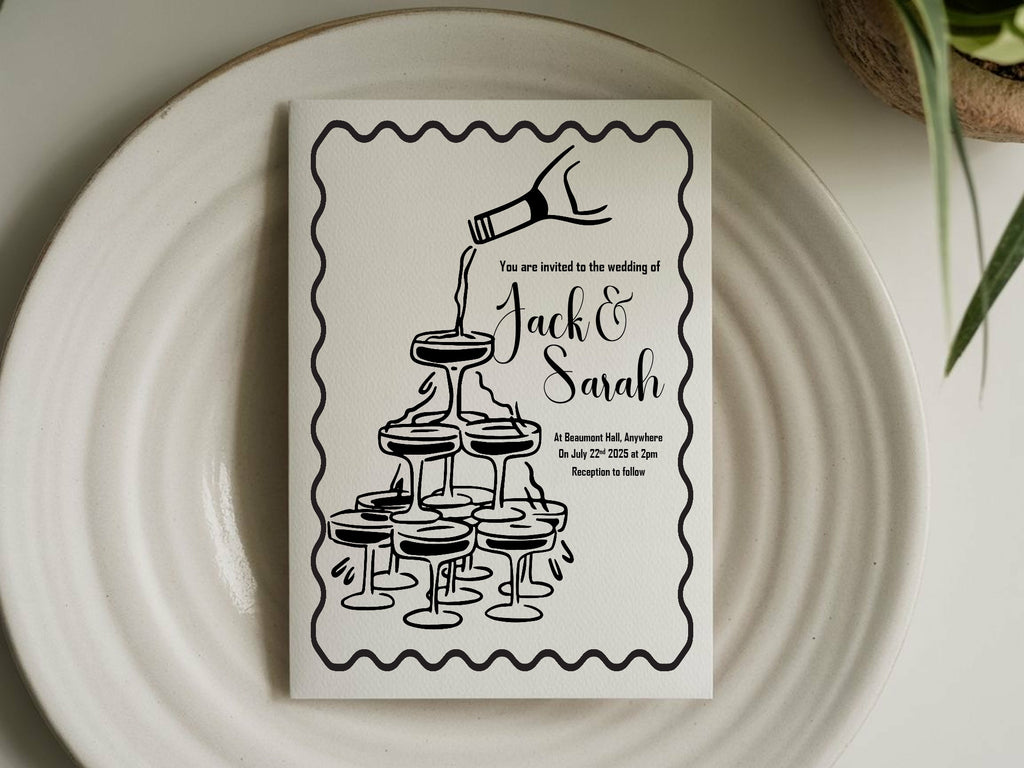 Monochrome Champagne Wedding Party Invitations & Envelopes | Pack of 10