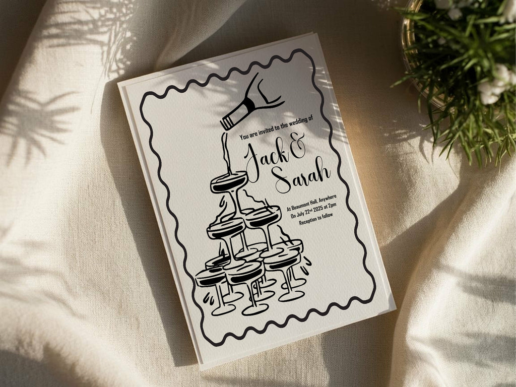 Monochrome Champagne Wedding Party Invitations & Envelopes | Pack of 10