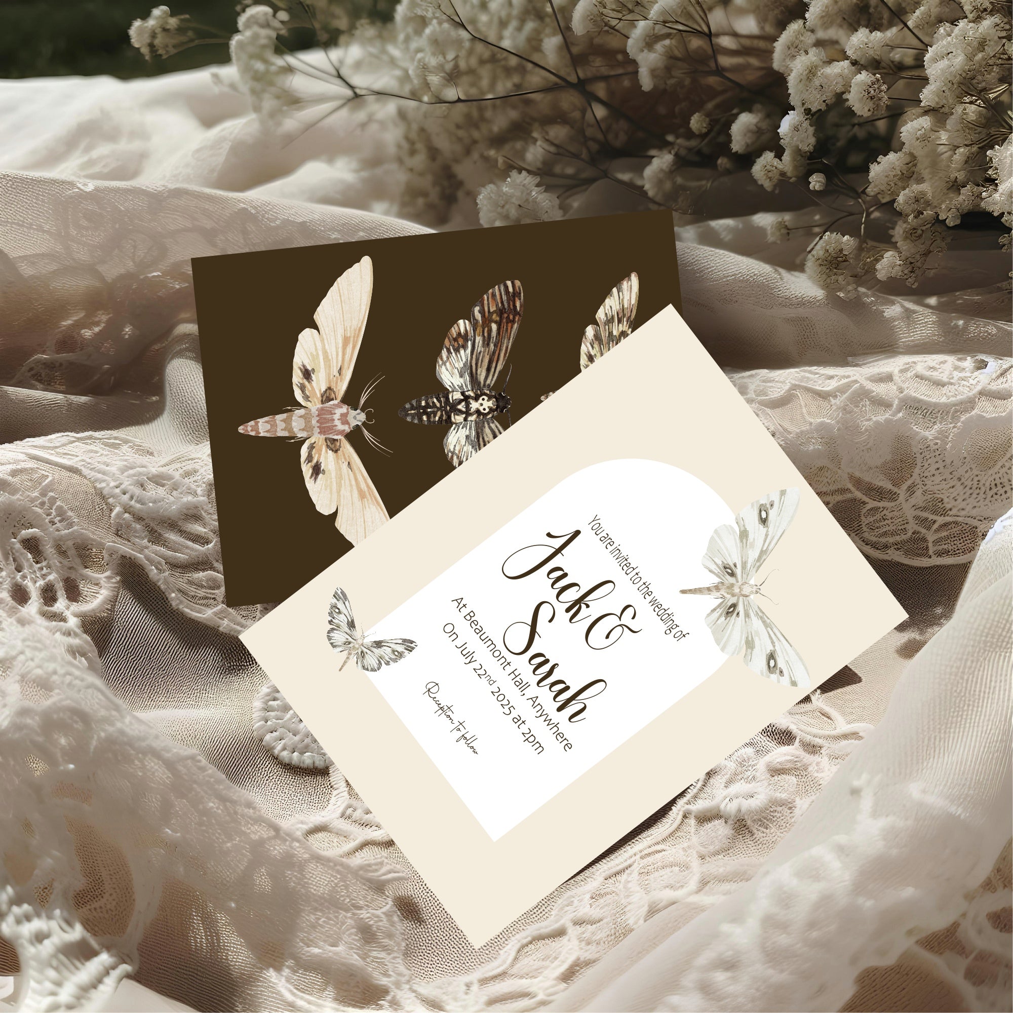 Pack of 10 Dark Romance Vintage Moth Wedding Invitations