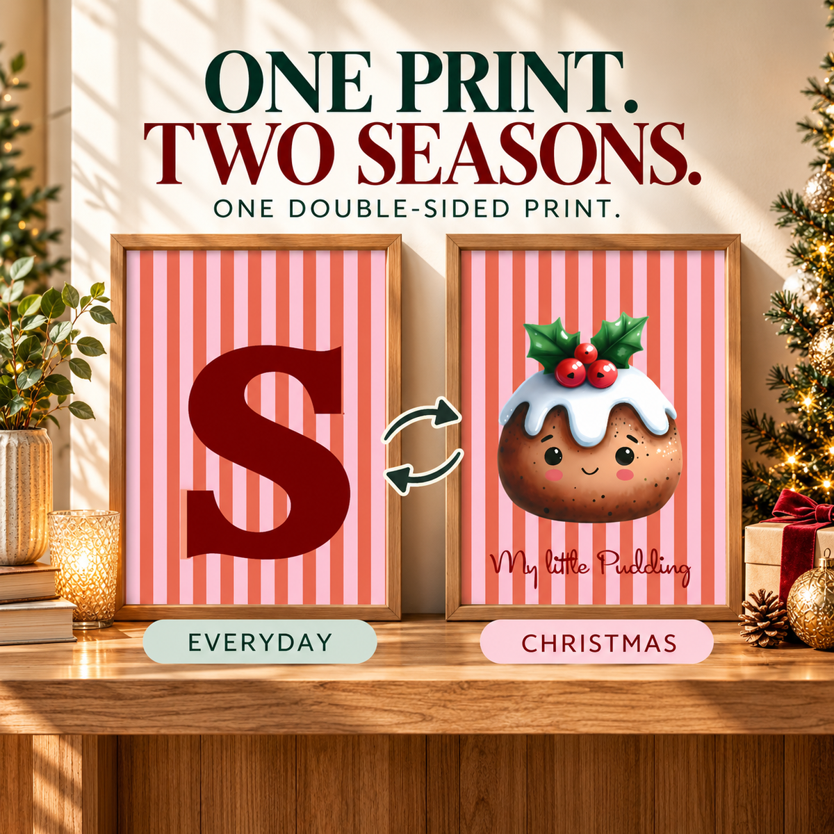 Personalised Christmas My Little Pudding Forever Print | Double Sided | Red & Pink