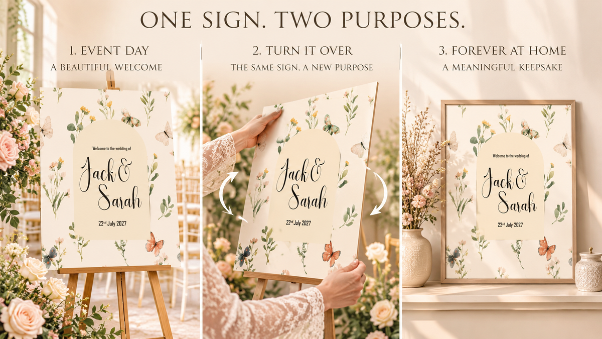 Botanical butterfly wedding welcome sign for Jack and Sarah, showing the personalised keepsake reverse and framed display at home.