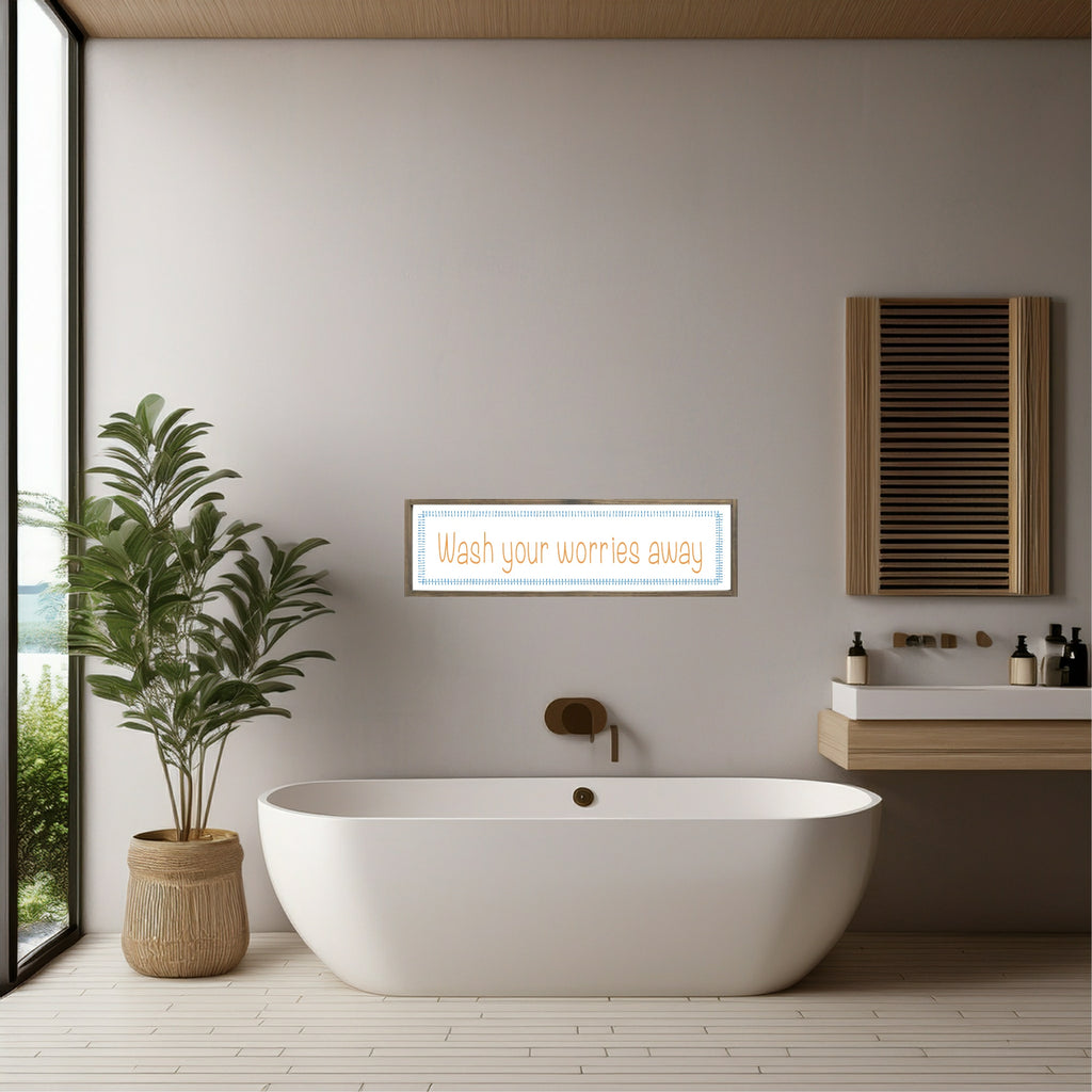 Wash Your Worries Away Panoramic Sign | Fun Bathroom Wall Art Print