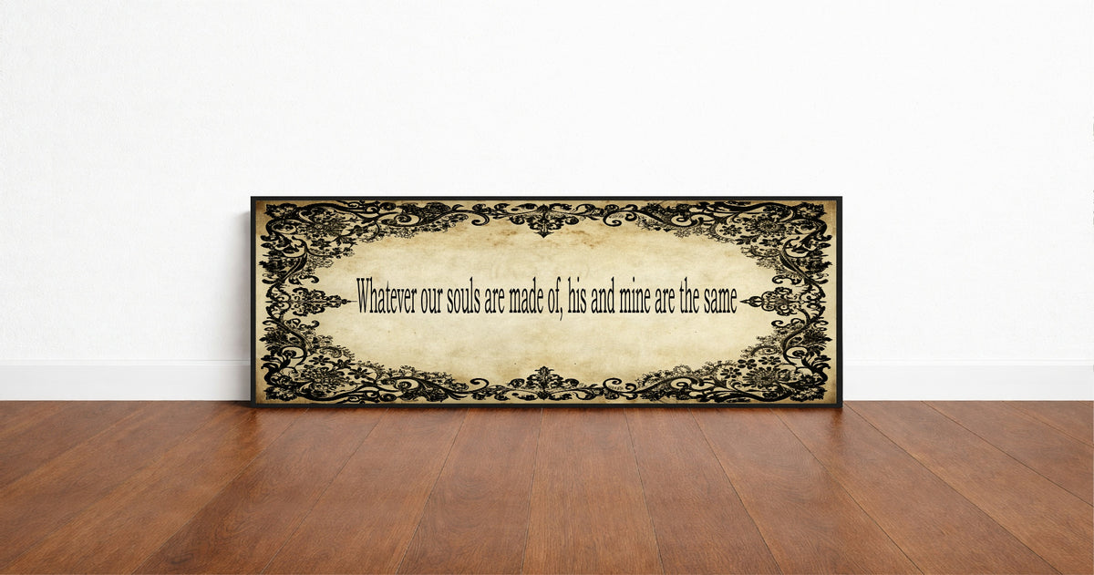 Black Lace Whatever Our Souls Are Made Of panoramic print in a black frame standing on a wooden floor