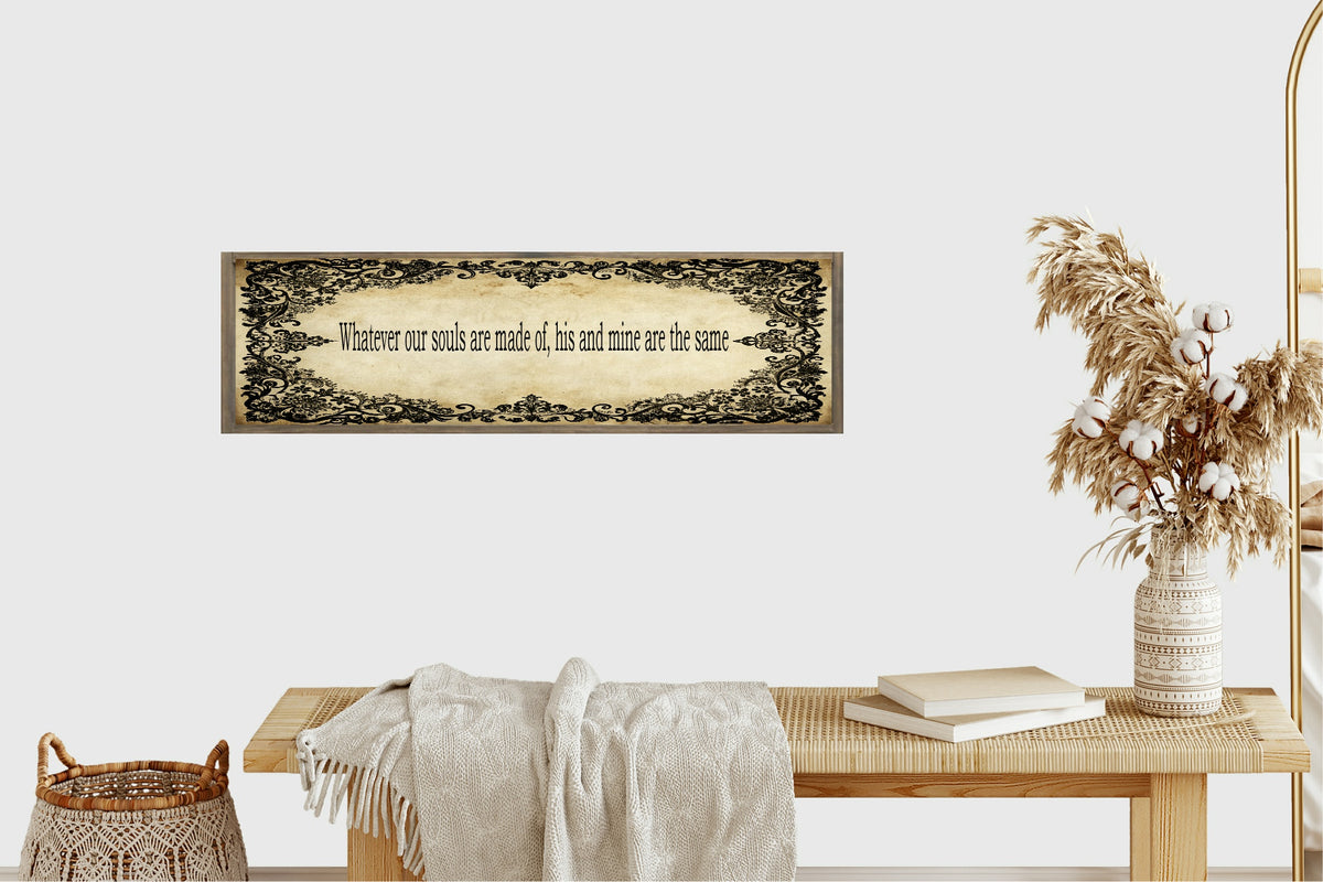 Vintage Black Lace romantic quote panoramic print displayed above a wooden bench