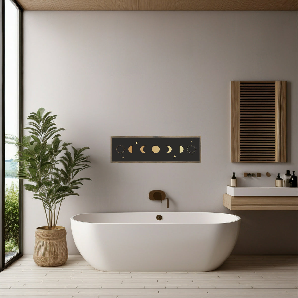 Gold moon phases panoramic wall art displayed above a modern freestanding bath