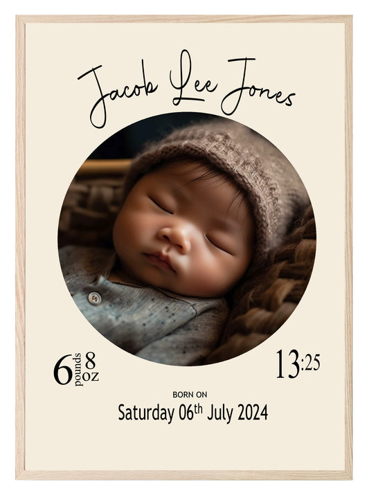 Personalised Cream Circle Birth Details Photo Print