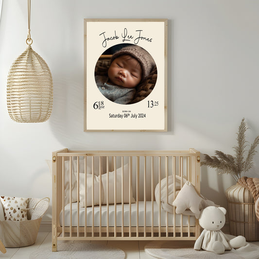 Personalised Cream Circle Birth Details Photo Print