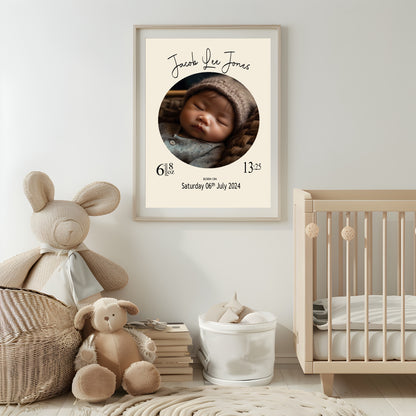 Personalised Cream Circle Birth Details Photo Print