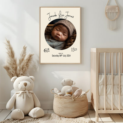 Personalised Cream Circle Birth Details Photo Print