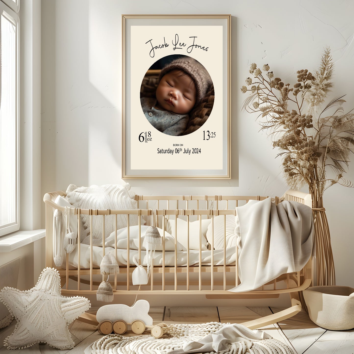 Personalised Cream Circle Birth Details Photo Print