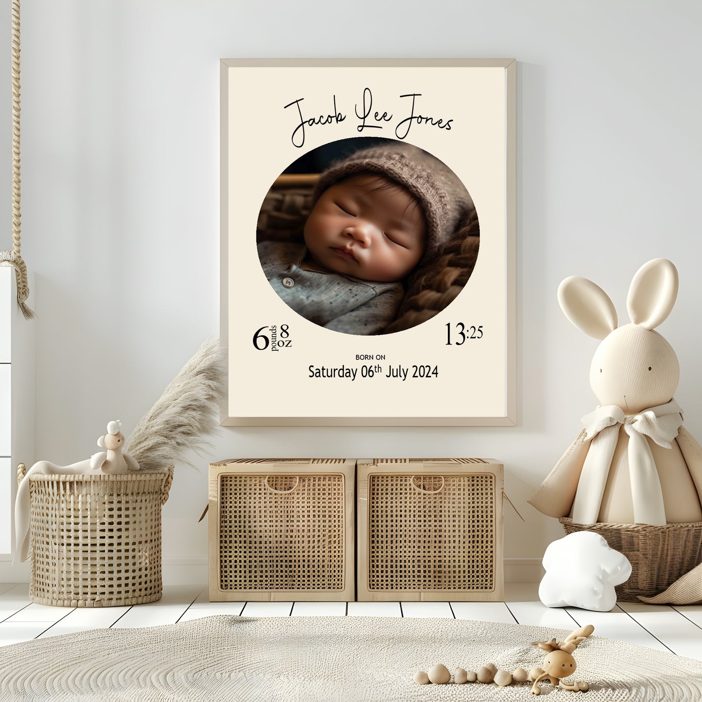 Personalised Cream Circle Birth Details Photo Print