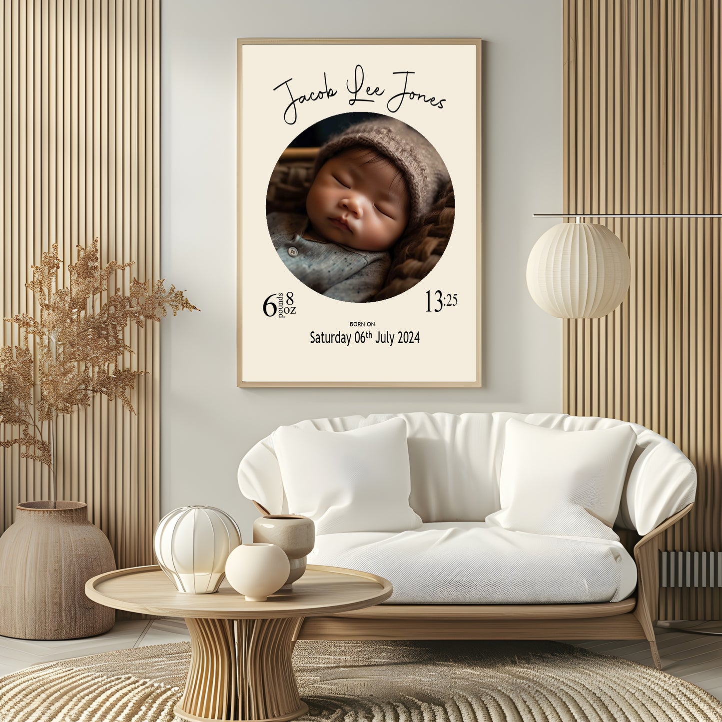 Personalised Cream Circle Birth Details Photo Print