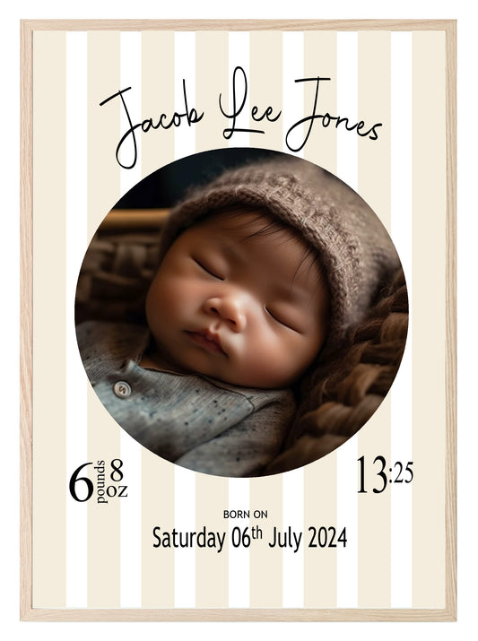 Personalised Striped Circle Birth Details Photo Print | Cream, Pink & Blue