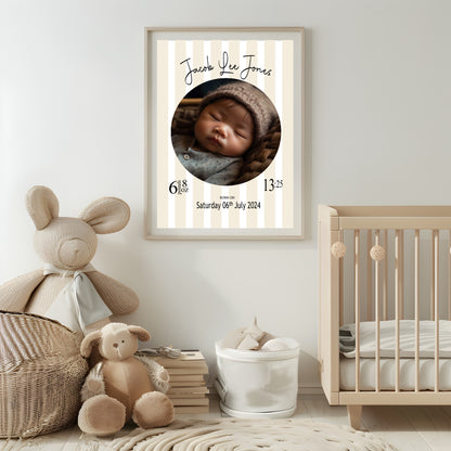 Personalised Striped Circle Birth Details Photo Print | Cream, Pink & Blue