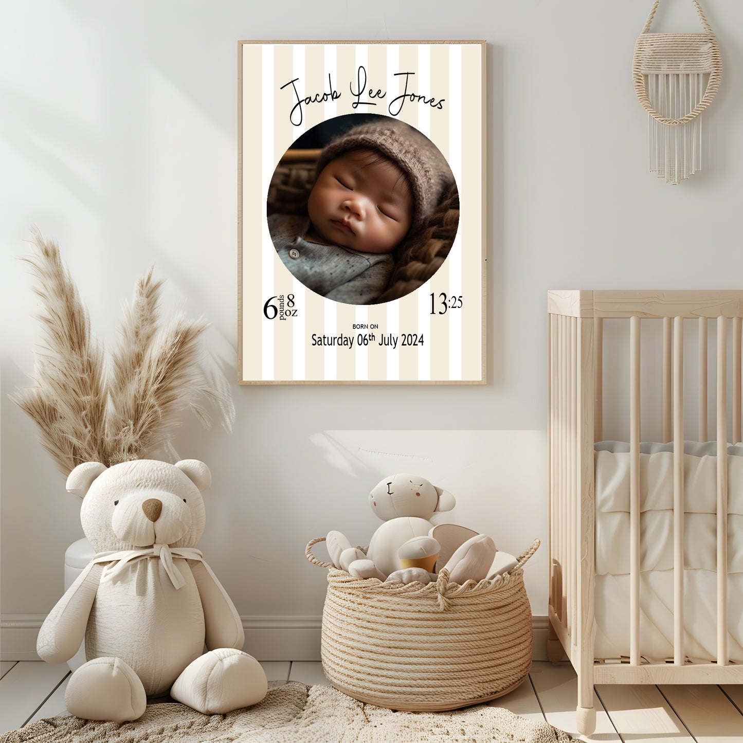 Personalised Striped Circle Birth Details Photo Print | Cream, Pink & Blue