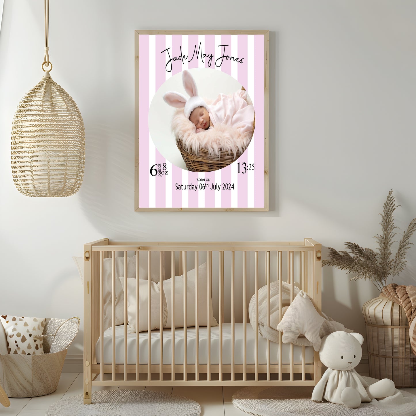 Personalised Striped Circle Birth Details Photo Print | Cream, Pink & Blue