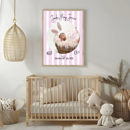 Personalised Striped Circle Birth Details Photo Print | Cream, Pink & Blue