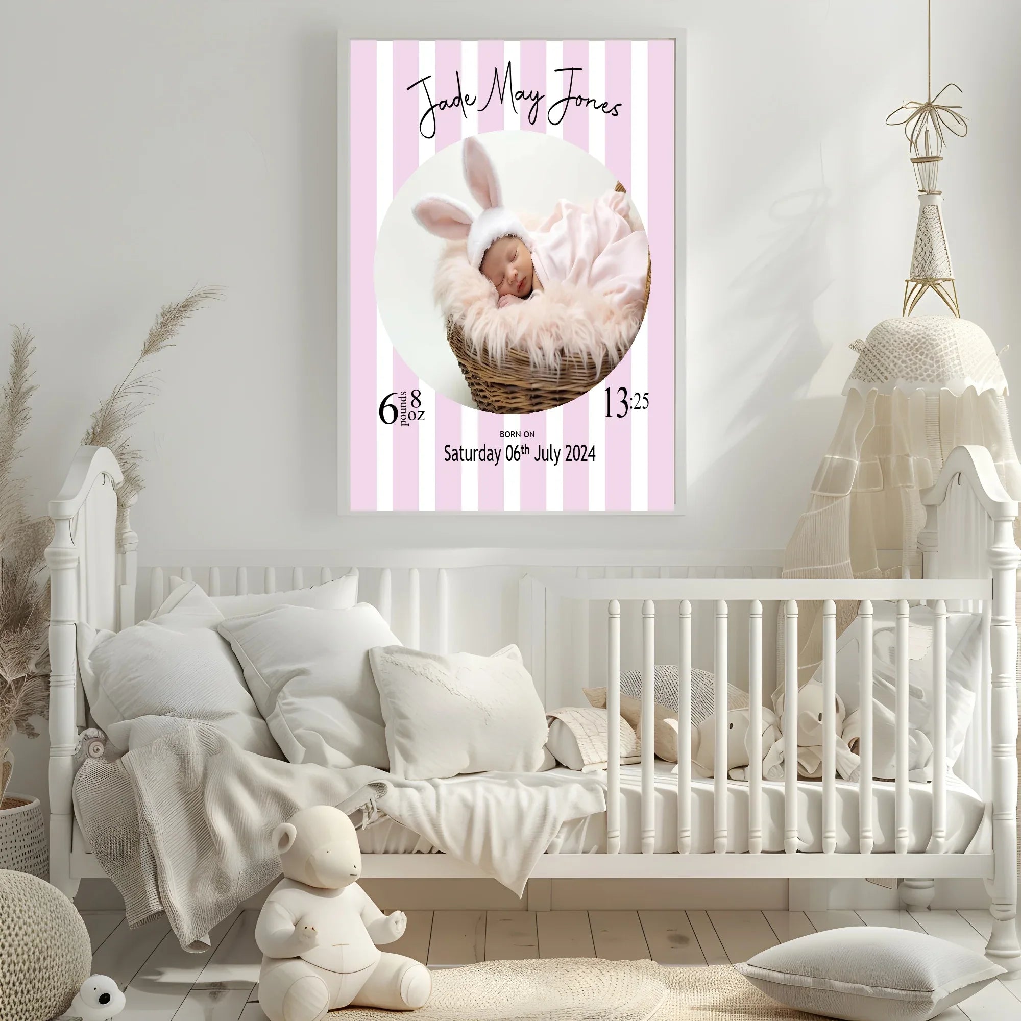Personalised Striped Circle Birth Details Photo Print | Cream, Pink & Blue - Larosier Prints
