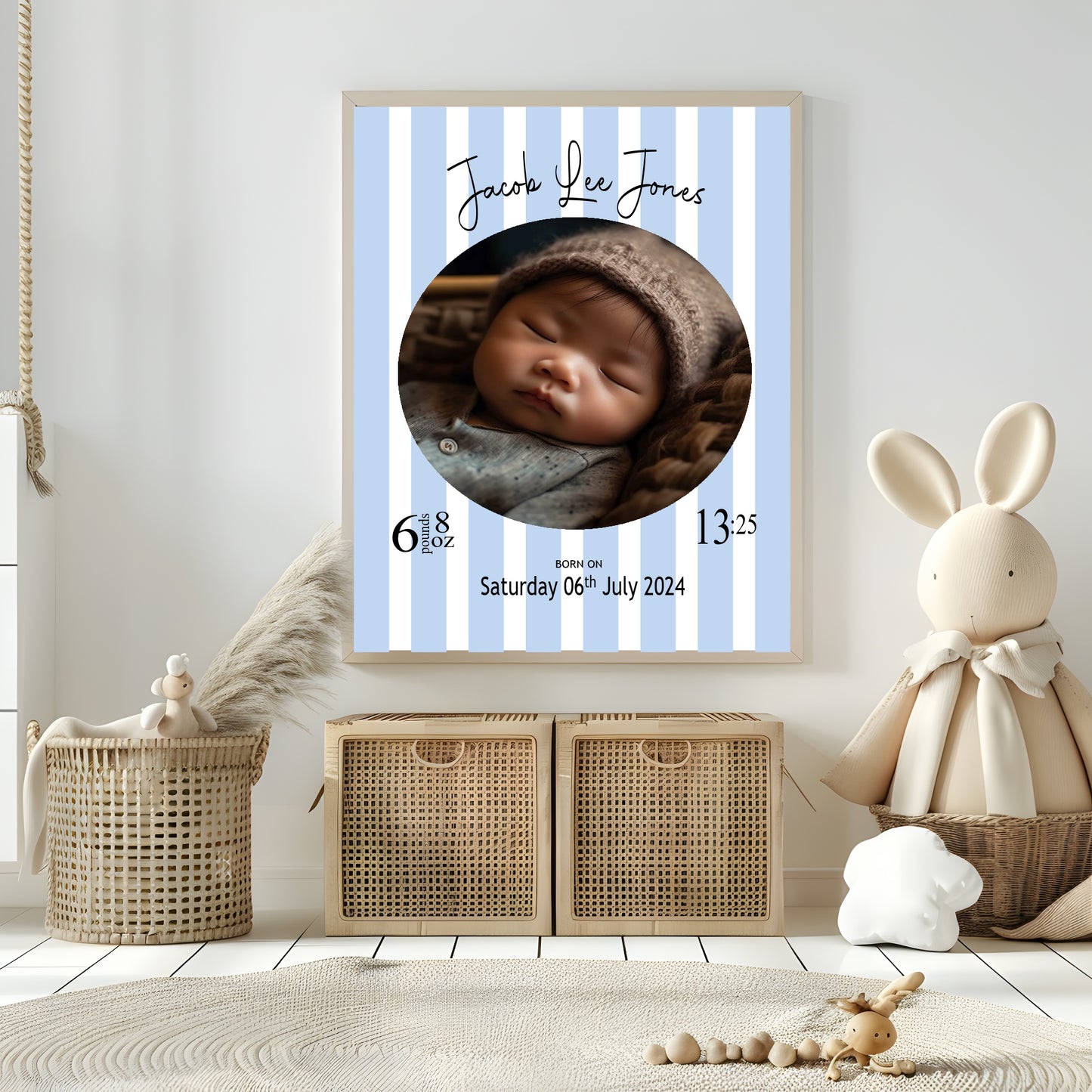 Personalised Striped Circle Birth Details Photo Print | Cream, Pink & Blue
