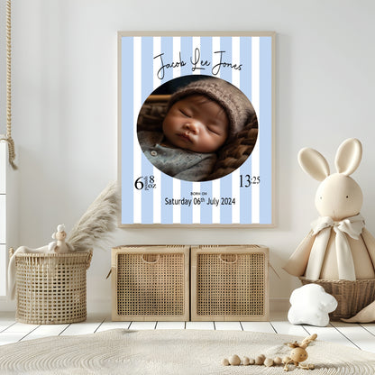 Personalised Striped Circle Birth Details Photo Print | Cream, Pink & Blue