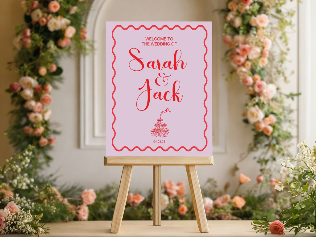 Champagne Party Wedding Welcome Sign | Pink & Red