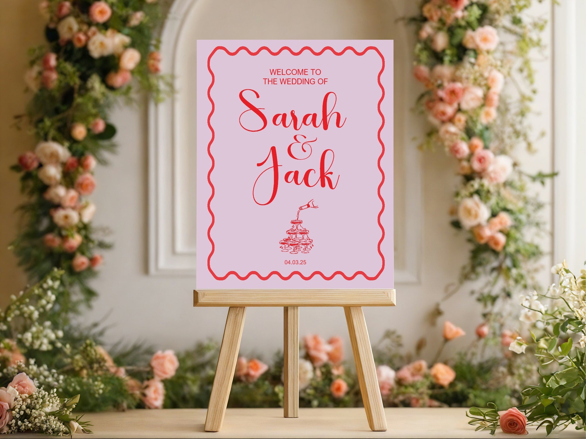 Champagne Party Wedding Welcome Sign | Pink & Red