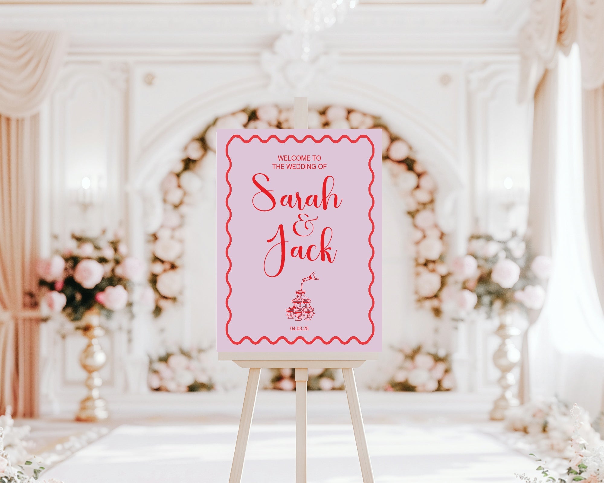 Champagne Party Wedding Welcome Sign | Pink & Red
