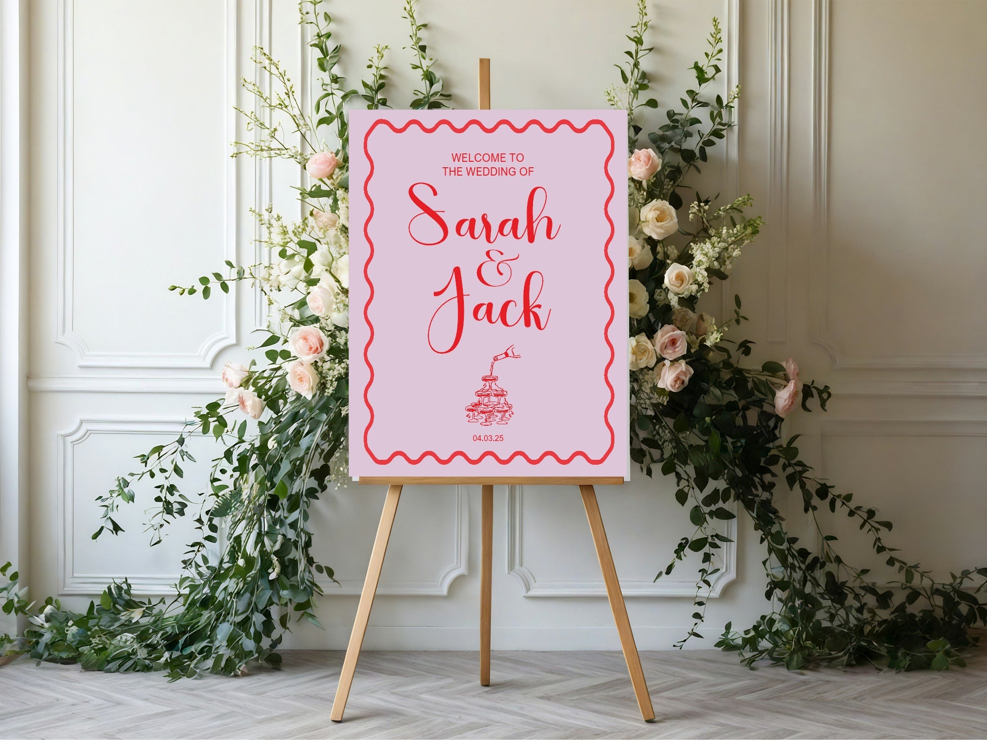 Champagne Party Wedding Welcome Sign | Pink & Red
