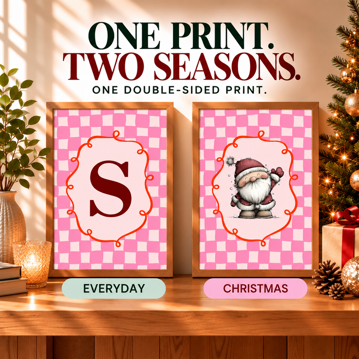 Personalised Pink Check Santa Forever Print | Double Sided
