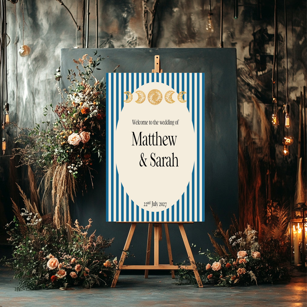 Alternative Celestial Striped Moon & Sun Wedding Sign – Double Sided Forever Print | Blue