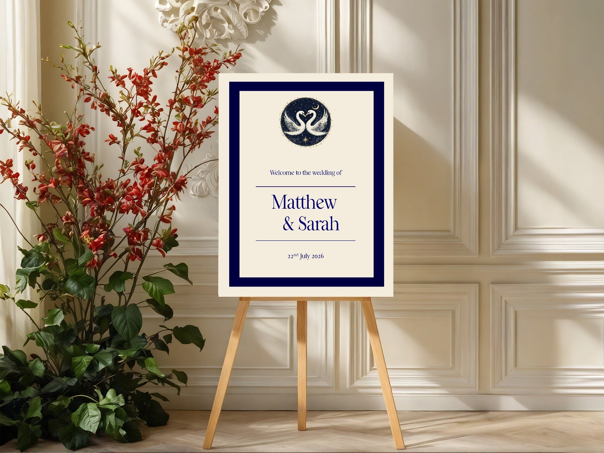 Celestial Swan In Love Wedding Welcome Sign – Double Sided Moon Keepsake Print