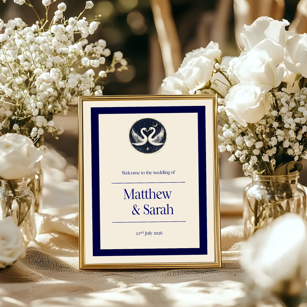 Celestial Swan In Love Wedding Welcome Sign – Double Sided Moon Keepsake Print