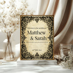 Decorative wedding sign with 'Welcome to the wedding of Matthew & Sarah' on a marble base with flowers and candles in the background.