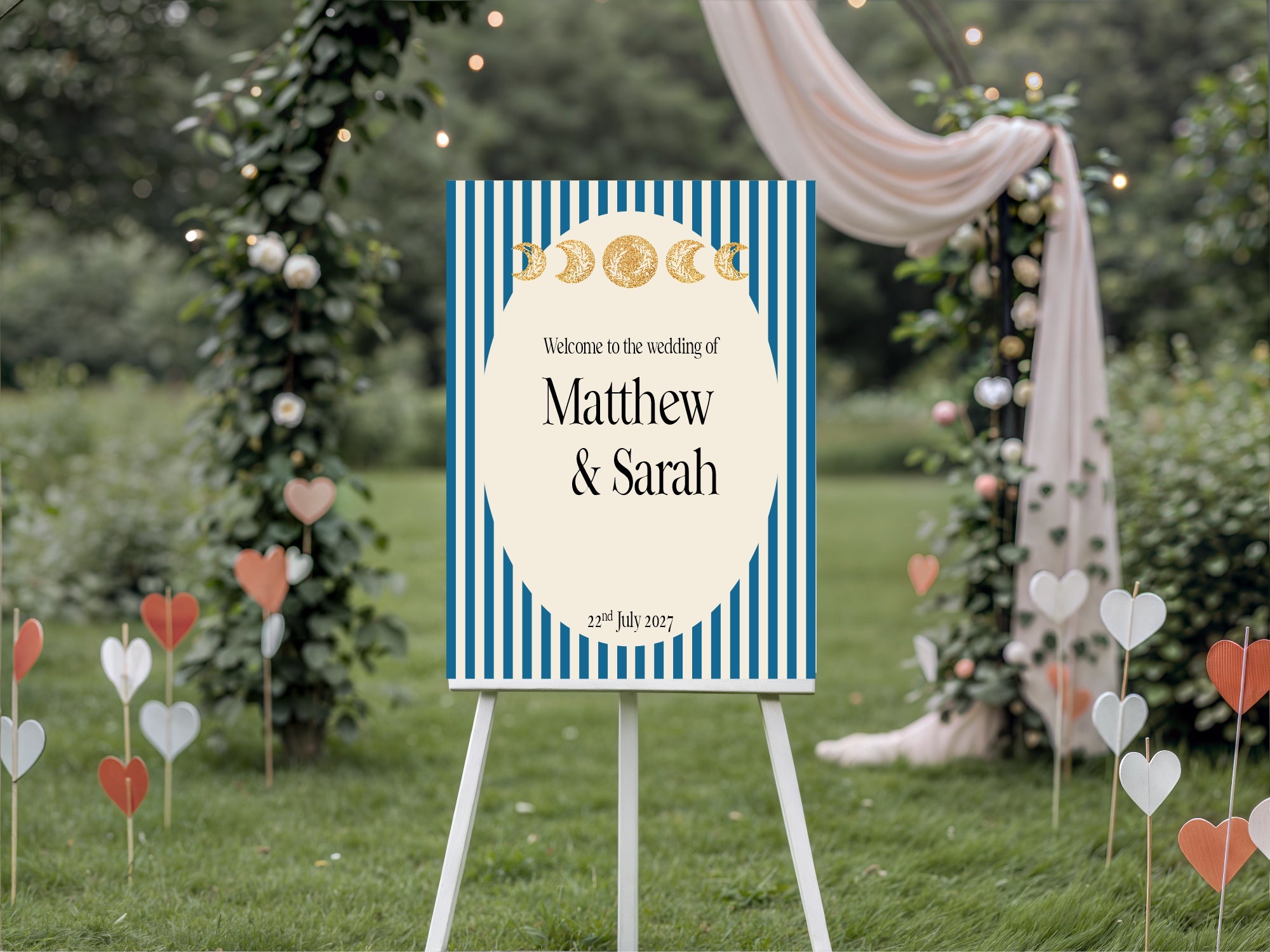 Alternative Celestial Striped Moon & Sun Wedding Sign – Double Sided Forever Print | Blue